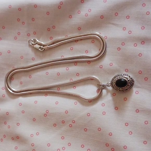 Vintage 925 Silver Onyx Stone Crystal Pendant Necklace - Picture 7 of 10